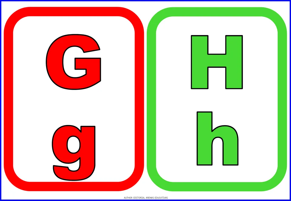 Alphabet flashcards 7–8 of 26: red G/g and green H/h, each pairing the uppercase and lowercase letter forms
