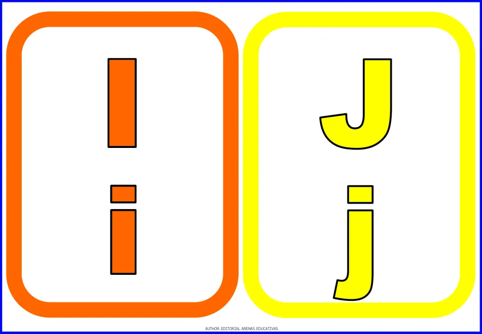 Alphabet flashcards 9–10 of 26: orange I/i and yellow J/j, each pairing uppercase and lowercase letter forms