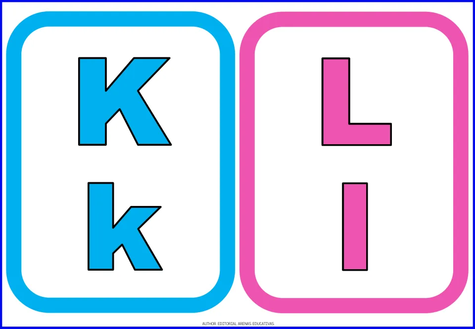 Alphabet flashcards 11–12 of 26: blue K/k and pink L/l, each pairing uppercase and lowercase letter forms