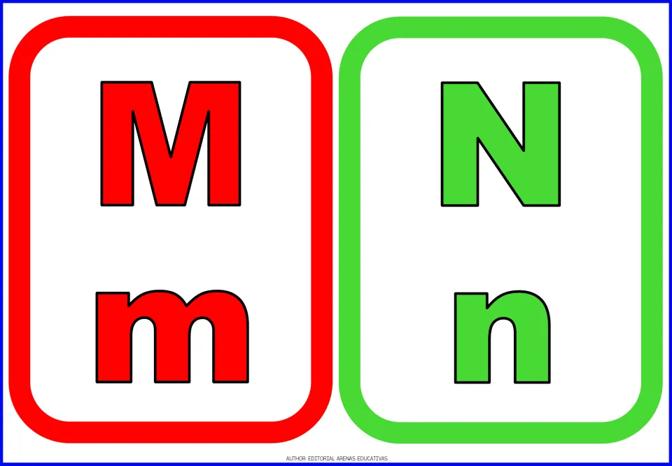 Alphabet flashcards 13–14 of 26: red M/m and green N/n, each pairing uppercase and lowercase letter forms