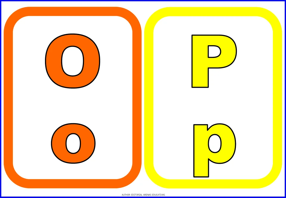 Alphabet flashcards 15–16 of 26: orange O/o and yellow P/p, each pairing uppercase and lowercase letter forms