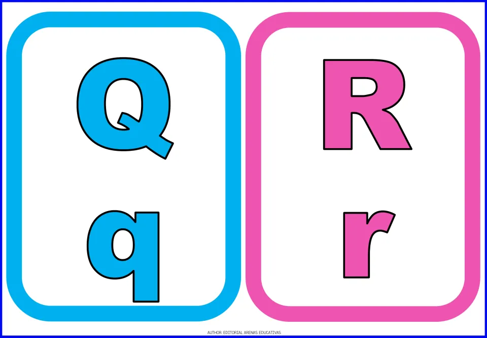 Alphabet flashcards 17–18 of 26: blue Q/q and pink R/r, each pairing uppercase and lowercase letter forms