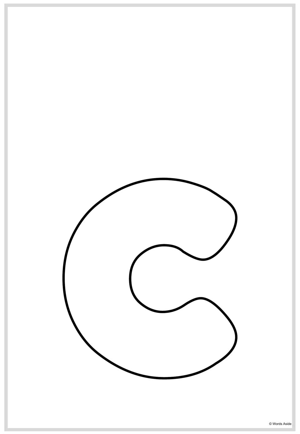 Lowercase letter c poster from the alphabet resource, featuring a large outlined letter to color or trace.