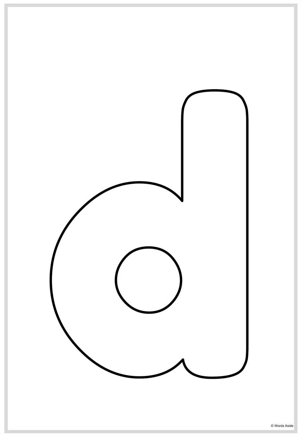 Lowercase letter d poster from the alphabet resource, featuring a large outlined letter to color or trace.