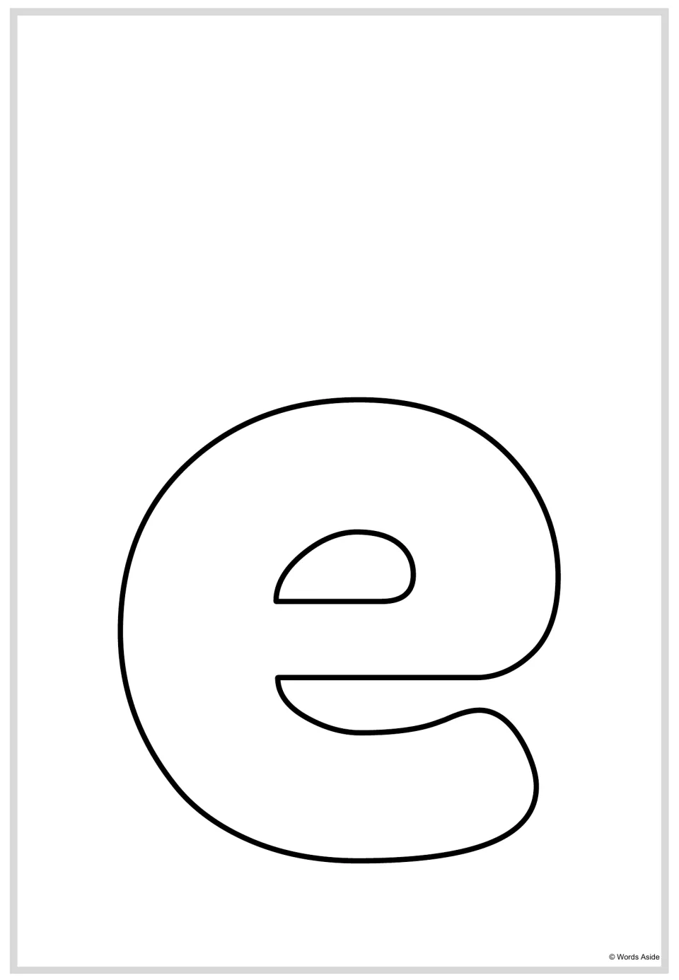 Lowercase letter e poster from the alphabet resource, featuring a large outlined letter to color or trace.