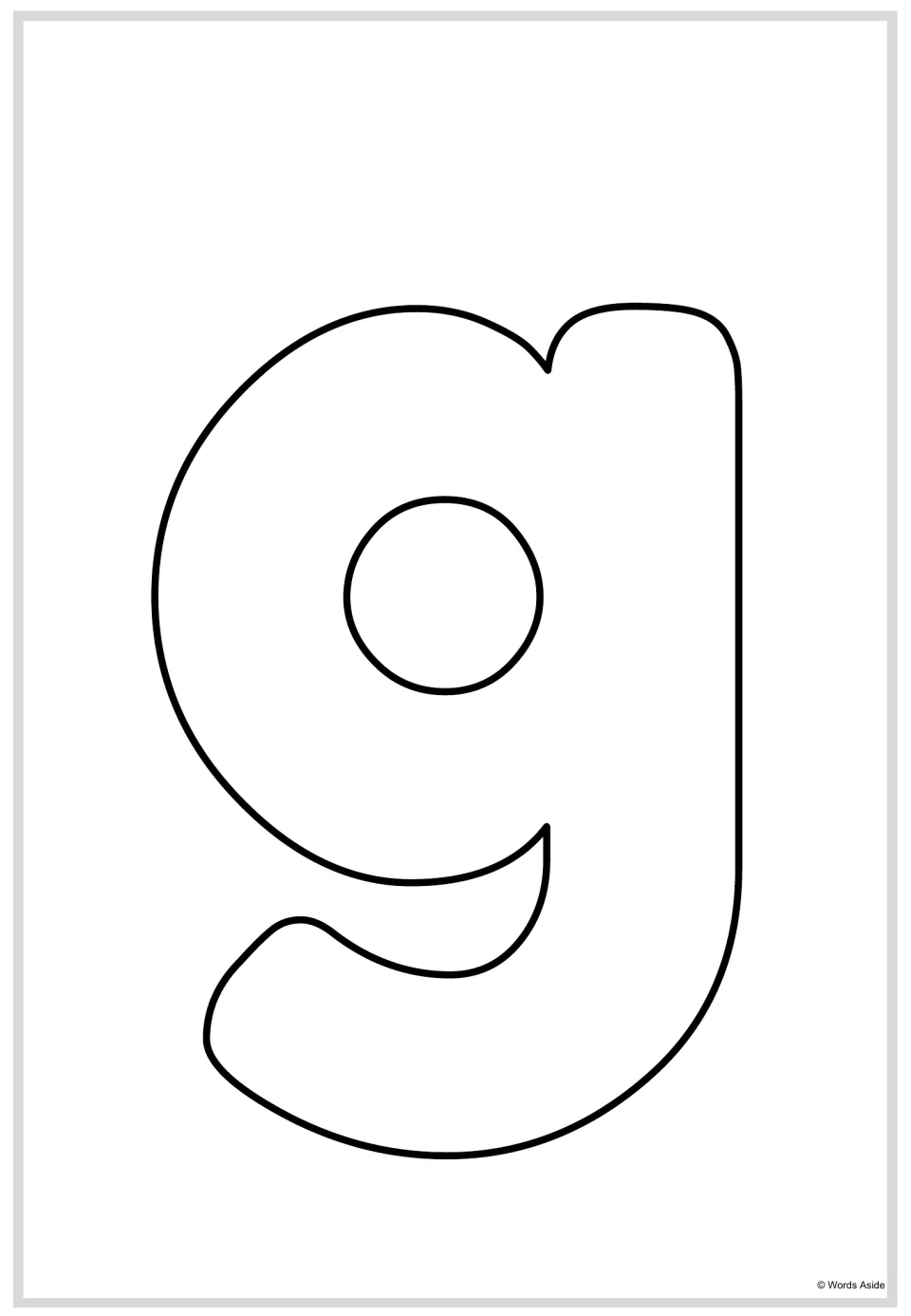 Lowercase letter g poster from the alphabet resource, featuring a large outlined letter to color or trace.