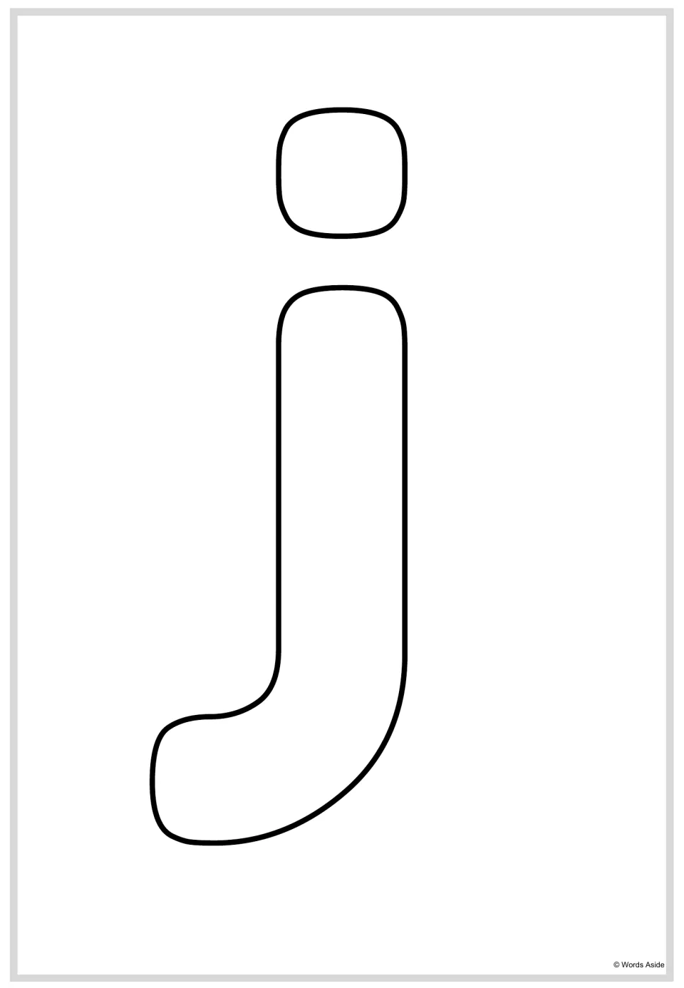 Lowercase letter j poster from the alphabet resource, featuring a large outlined letter to color or trace.