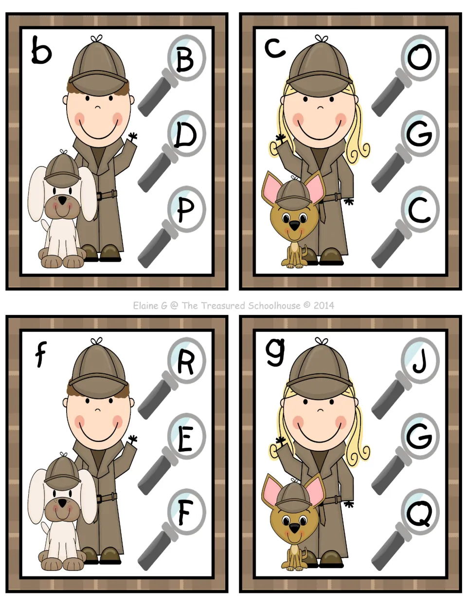 Alphabet clip cards for lowercase b, c, f, and g, each asking students to select an uppercase match