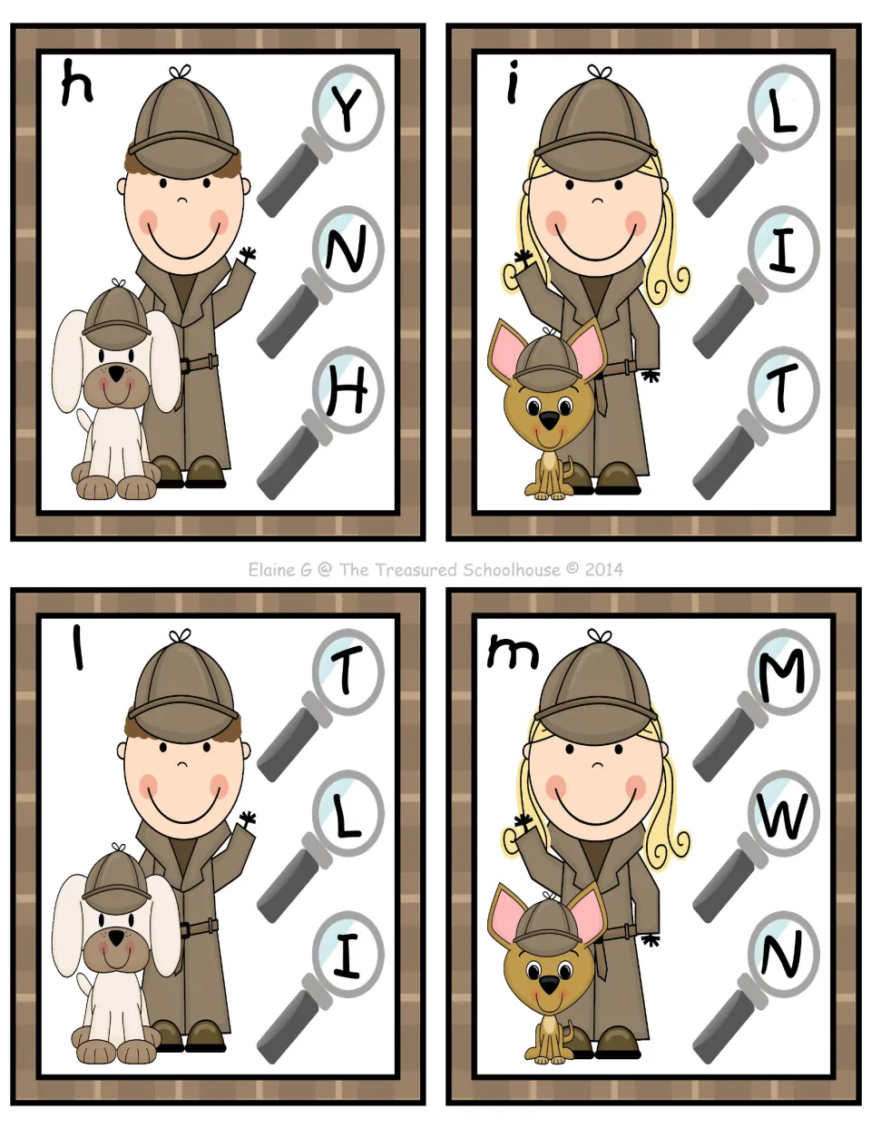 Alphabet clip cards for lowercase h, i, l, and m, each offering three uppercase letters to match