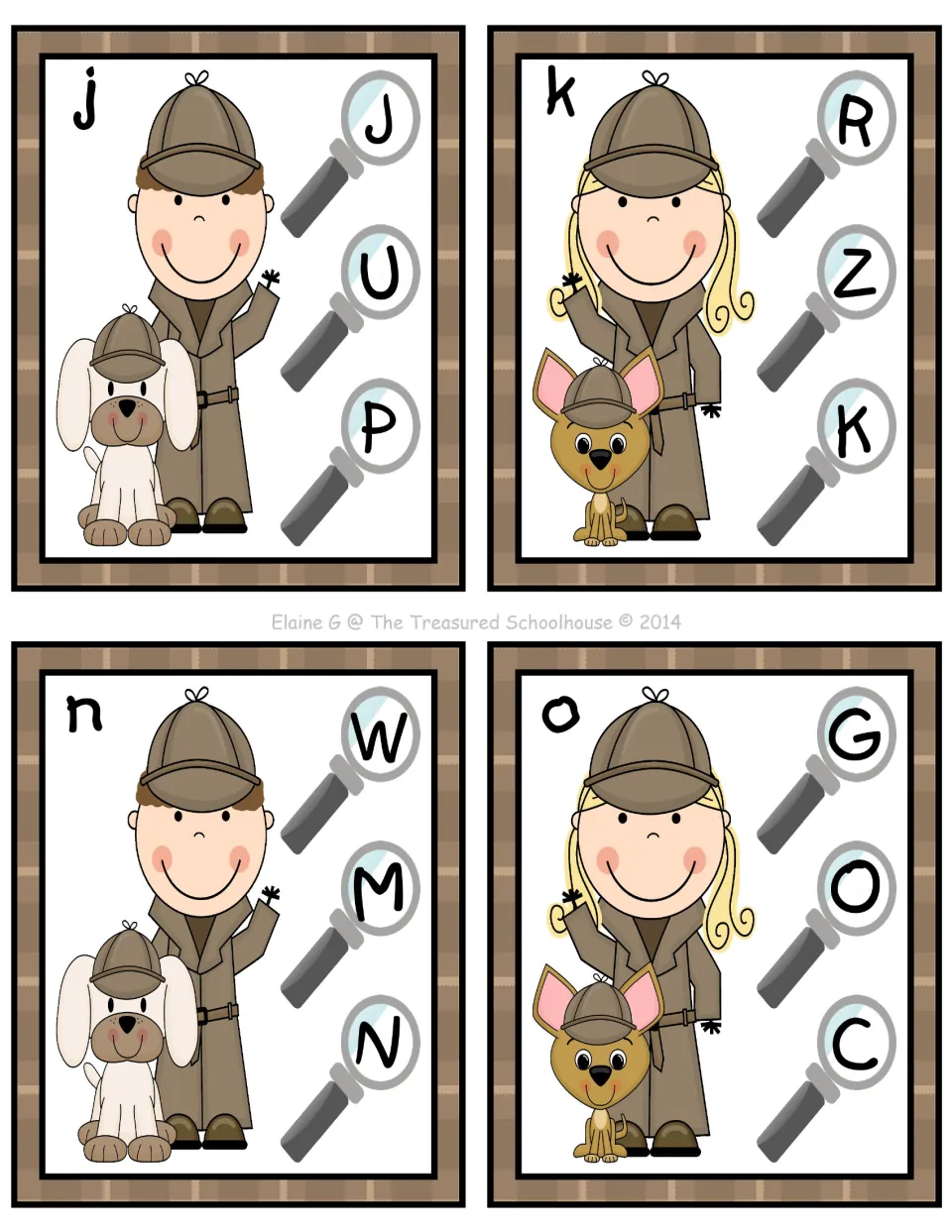 Alphabet clip cards for lowercase j, k, n, and o, with three uppercase choices beside each target letter