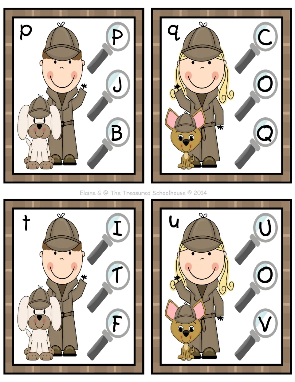 Alphabet clip cards for lowercase p, q, t, and u, each paired with three possible uppercase matches