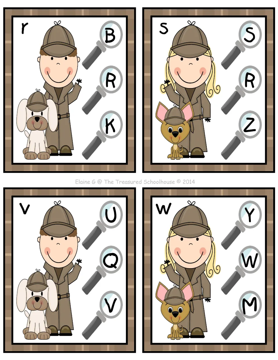 Alphabet clip cards for lowercase r, s, v, and w, each presenting three uppercase answer choices