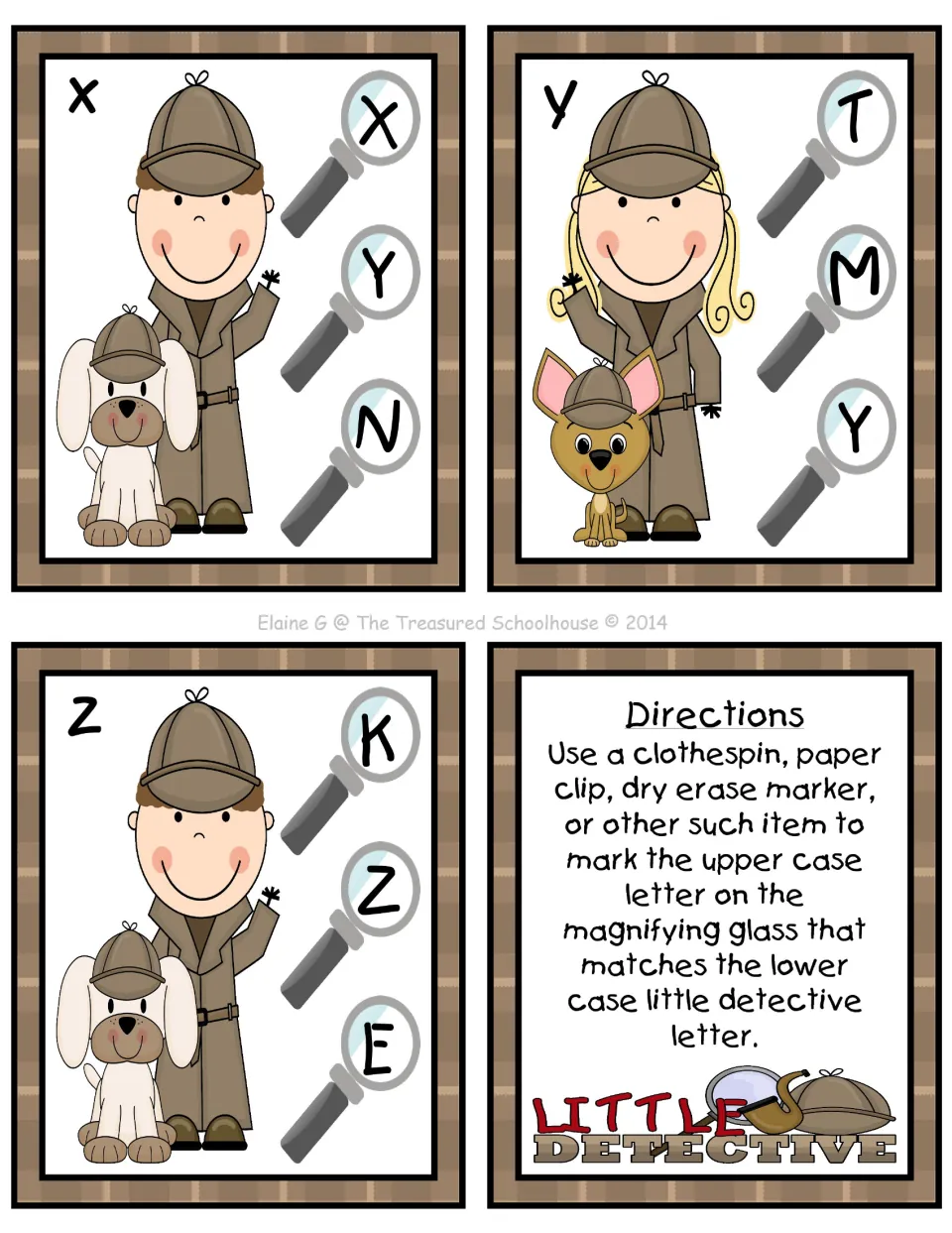 Lowercase x, y, and z clip cards and directions to mark the matching uppercase letter with a clip or marker