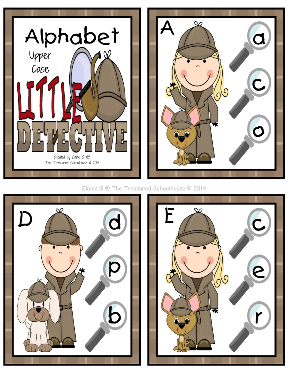Uppercase alphabet set title card and matching cards for A, D, and E, each with three lowercase choices