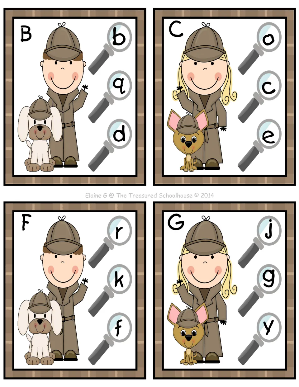 Alphabet clip cards for uppercase B, C, F, and G, each asking students to select a lowercase match