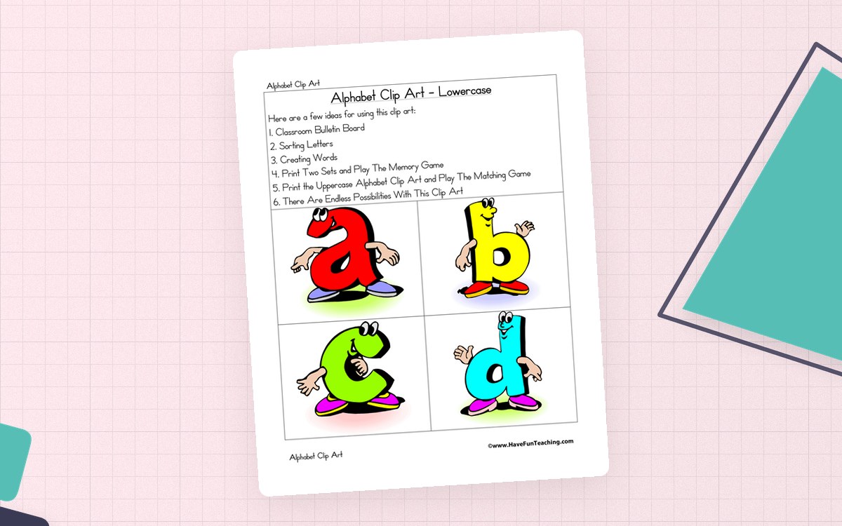 Alphabet Lowercase Letters Clip Art preview: Five-page PDF with twenty-six colored lowercase letters