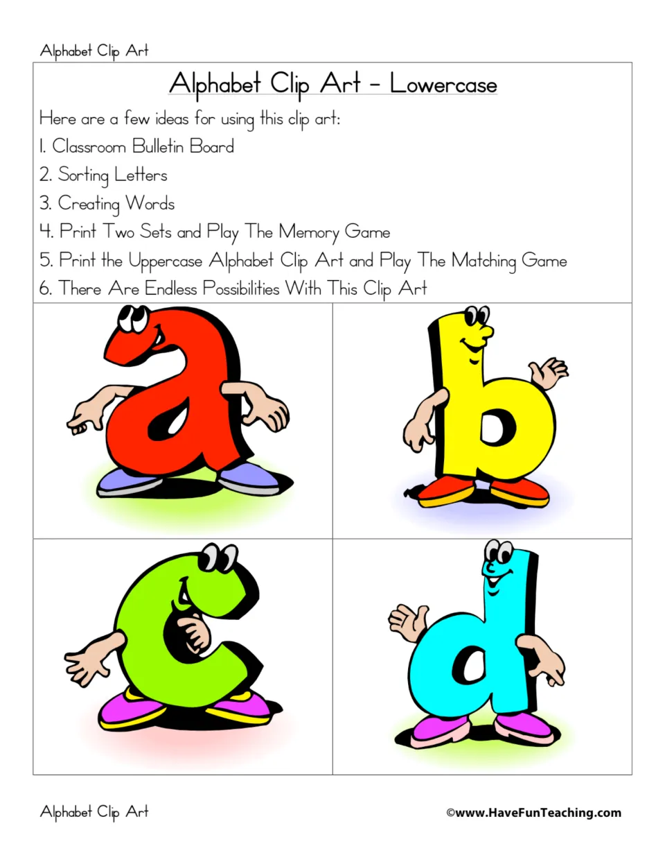 Lowercase alphabet clip art intro listing six uses, like sorting letters and memory game, with smiling letters a through d