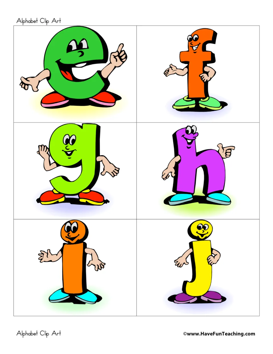 Cartoon lowercase letters e, f, g, h, i and j, each with a face, arms and sneakers, for cutting out as letter cards