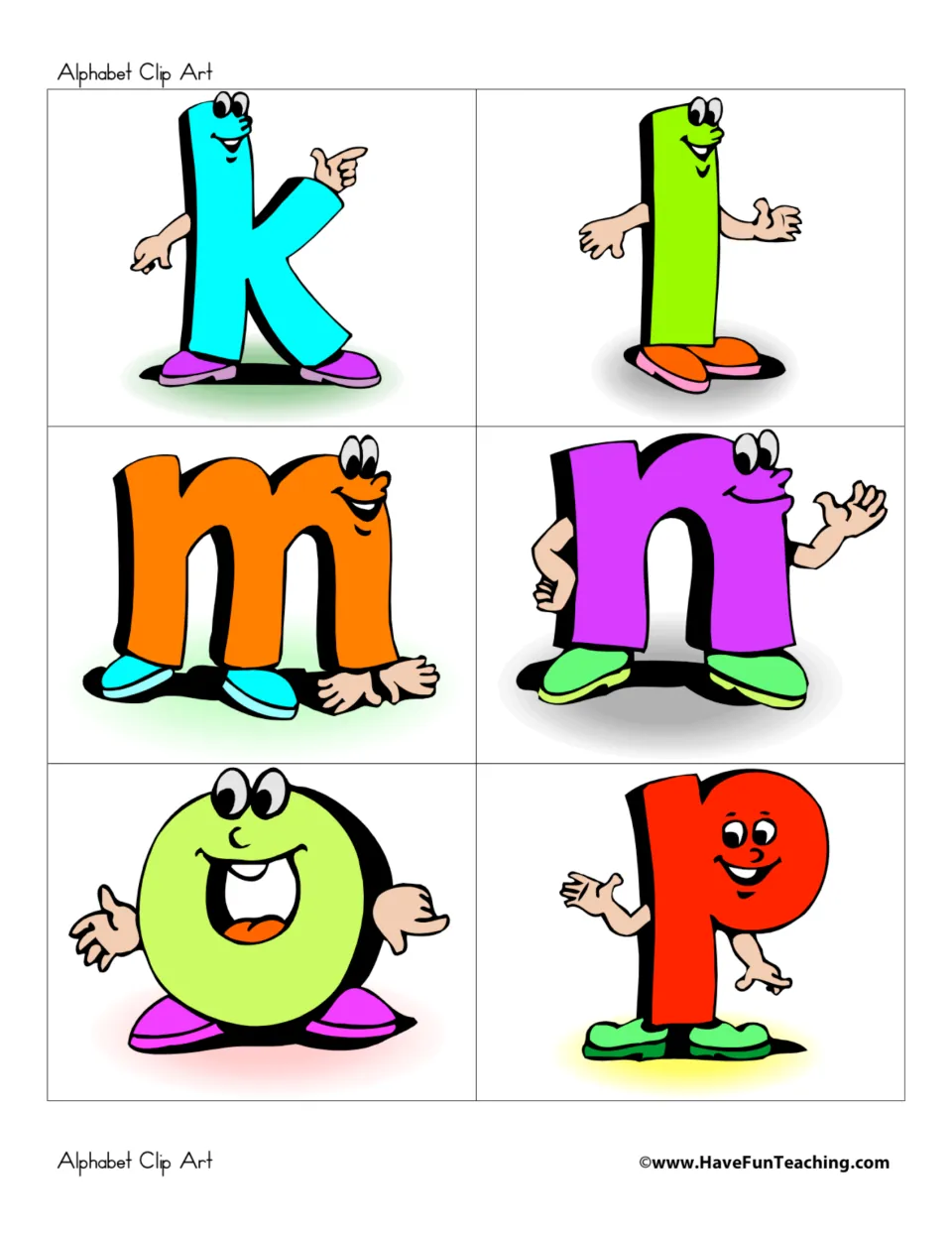 Letter recognition clip art: smiling lowercase k, l, m, n, o and p characters with waving hands and colorful shoes