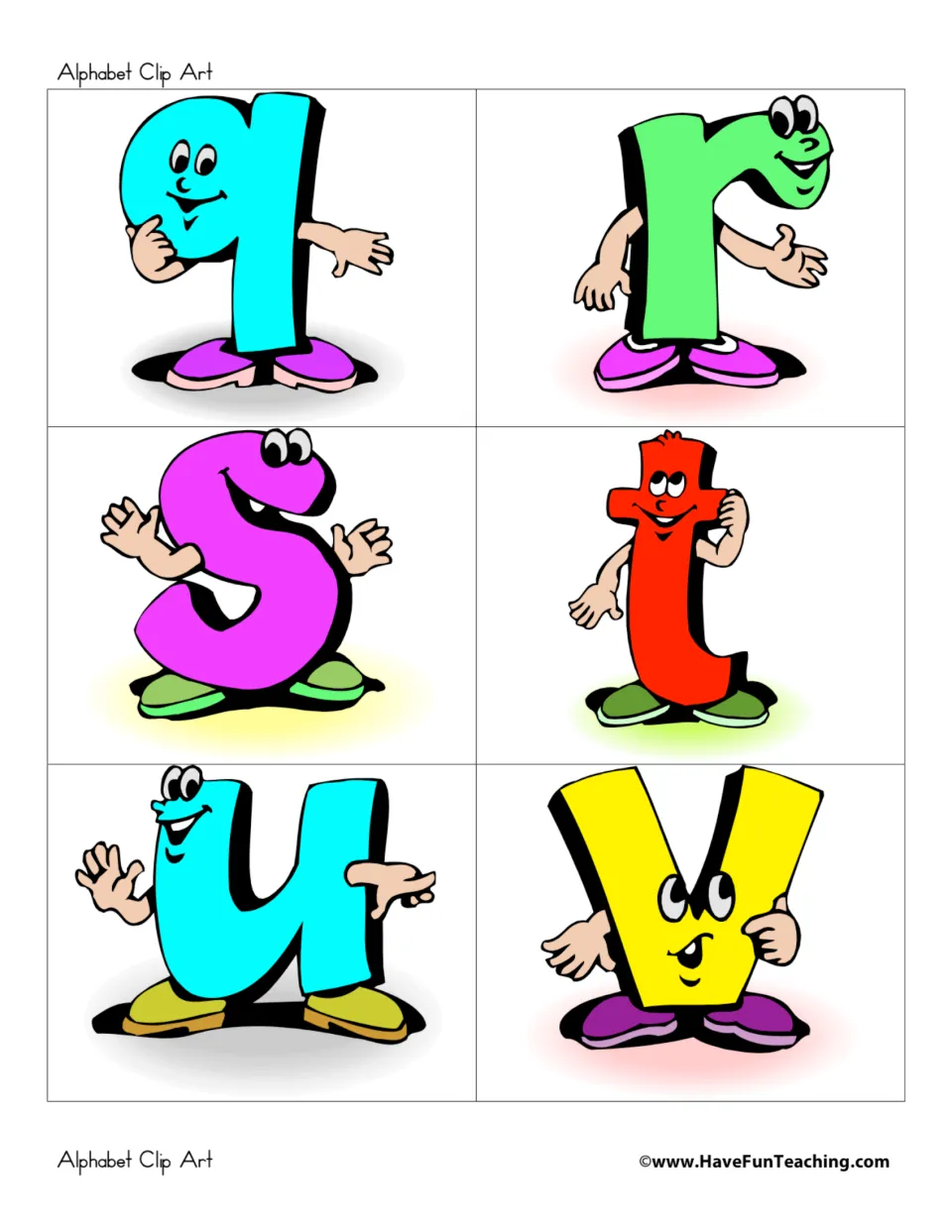 Lowercase q through v as cartoon letter characters, six to a sheet, ready to print for sorting or word-building