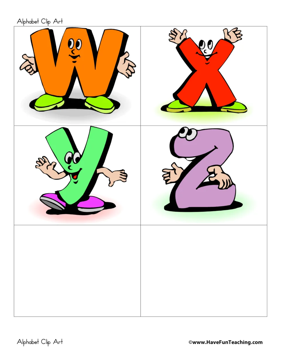 Final alphabet letters w, x, y and z as grinning cartoon characters, with two blank spaces left below them