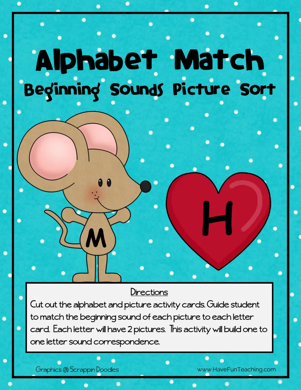 Alphabet Match beginning sounds picture sort cover: directions to cut out letter and picture cards, two pictures per letter