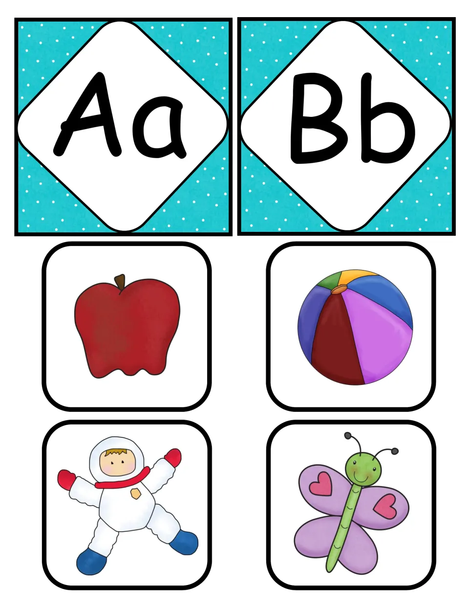 Beginning sounds A and B: Aa and Bb letter cards with picture cards of an apple, ball, astronaut and butterfly to match