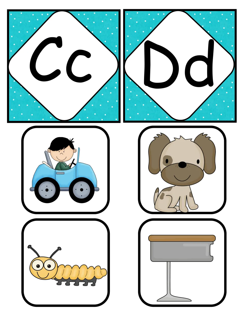 Beginning sounds C and D: Cc and Dd letter cards with picture cards of a car, dog, caterpillar and desk for sorting