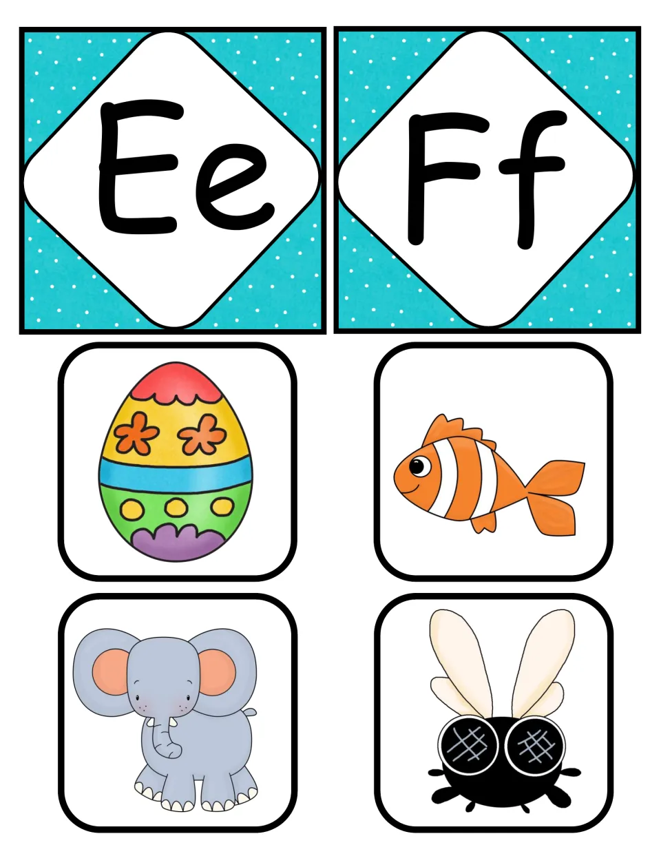 Beginning sounds E and F: Ee and Ff letter cards with picture cards of an egg, fish, elephant and fly to match by sound