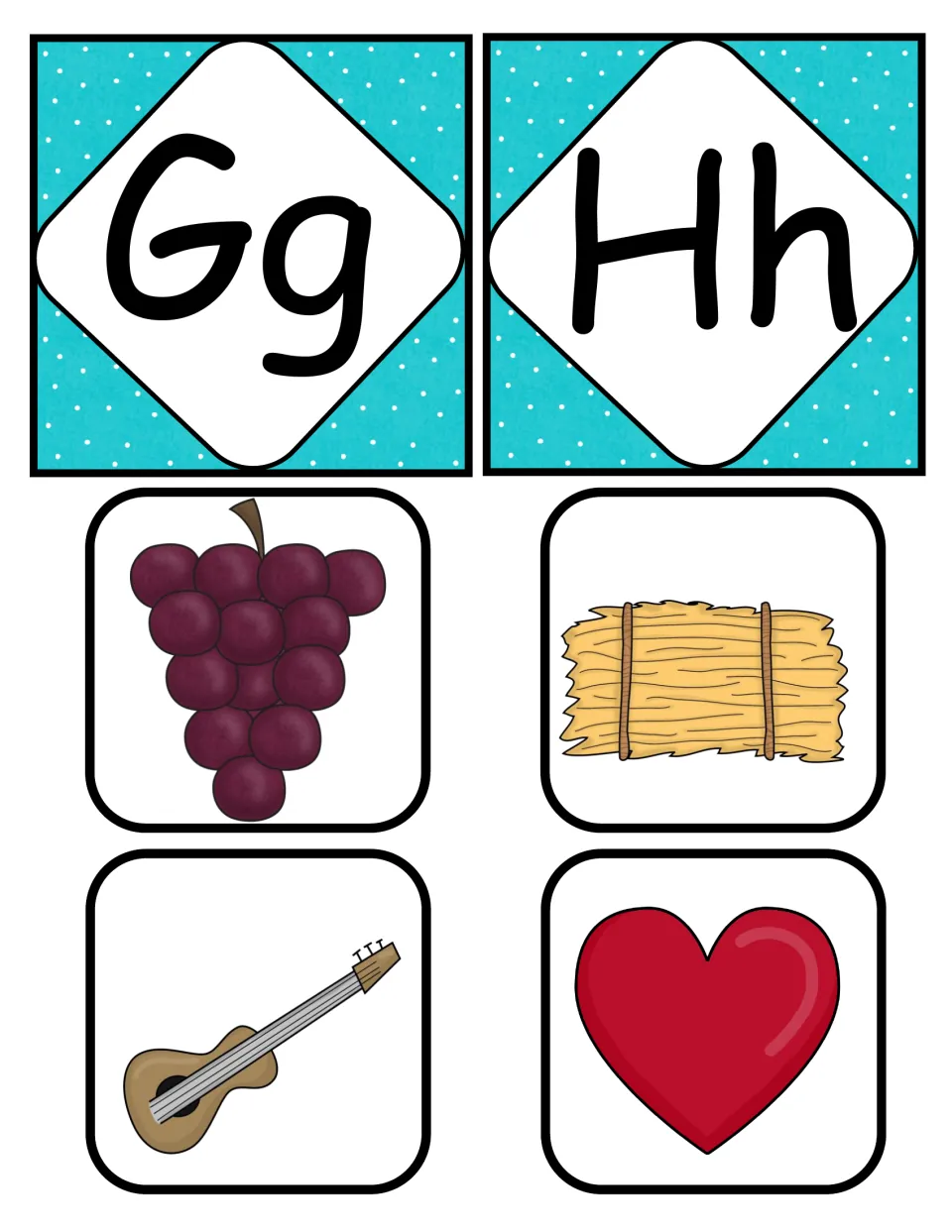 Beginning sounds G and H: Gg and Hh letter cards with picture cards of grapes, hay, a guitar and a heart to sort by sound