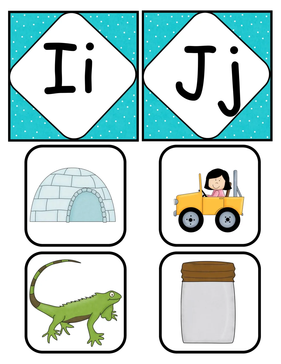 Beginning sounds I and J: Ii and Jj letter cards with picture cards of an igloo, jeep, iguana and jar to match to letters