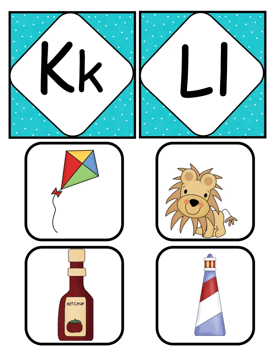 Beginning sounds K and L: Kk and Ll letter cards with picture cards of a kite, lion, ketchup and lighthouse to sort