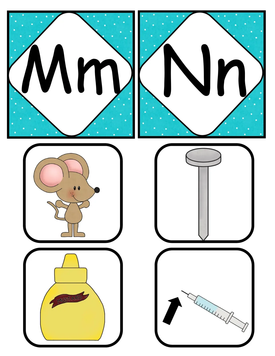 Beginning sounds M and N: Mm and Nn letter cards with picture cards of a mouse, nail, mustard and needle to match by sound