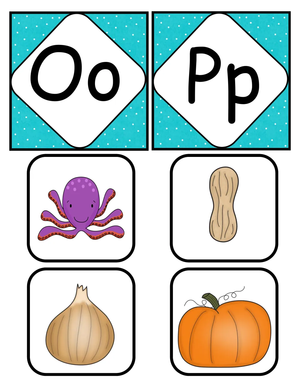 Beginning sounds O and P: Oo and Pp letter cards with picture cards of an octopus, peanut, onion and pumpkin to sort