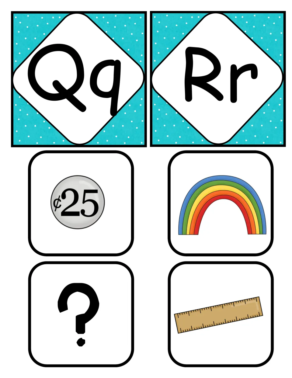 Beginning sounds Q and R: Qq and Rr letter cards with picture cards of a quarter, rainbow, question mark and ruler