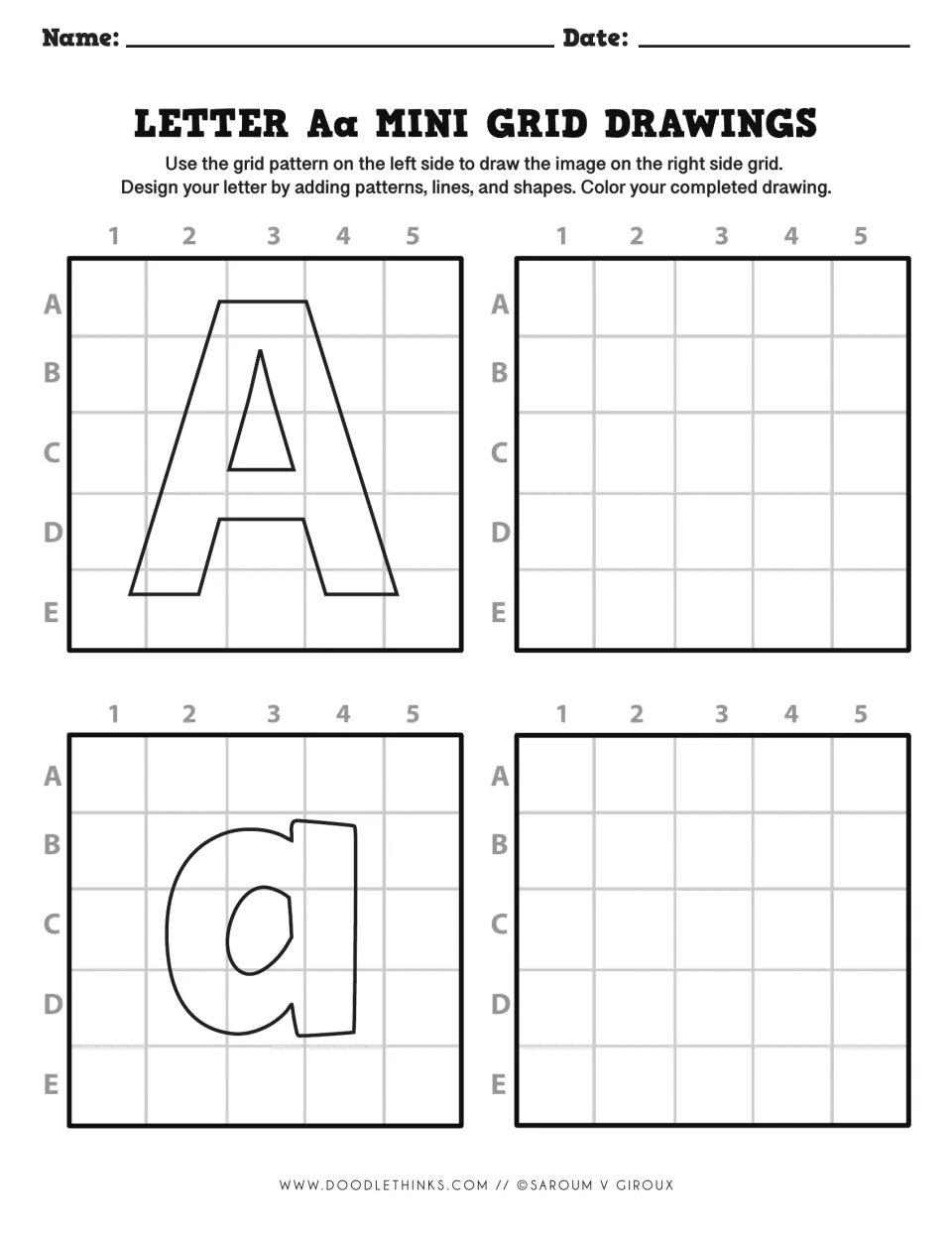 Letter Aa drawing: students copy the outlined uppercase A and lowercase a square by square, then add patterns and color