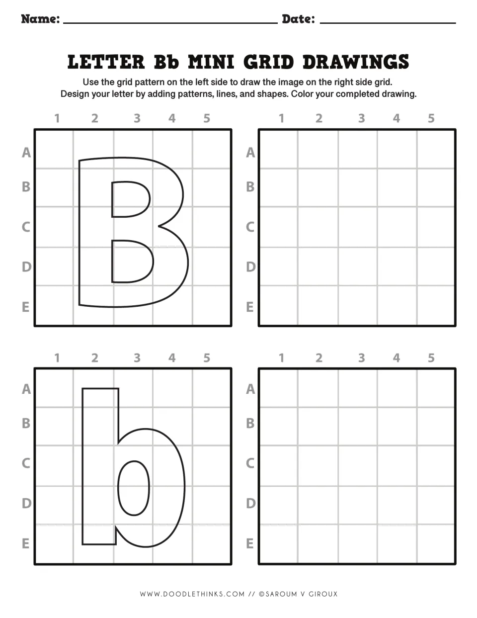 Letter Bb drawing: students reproduce the bold B and lowercase b cell by cell using row letters and column numbers
