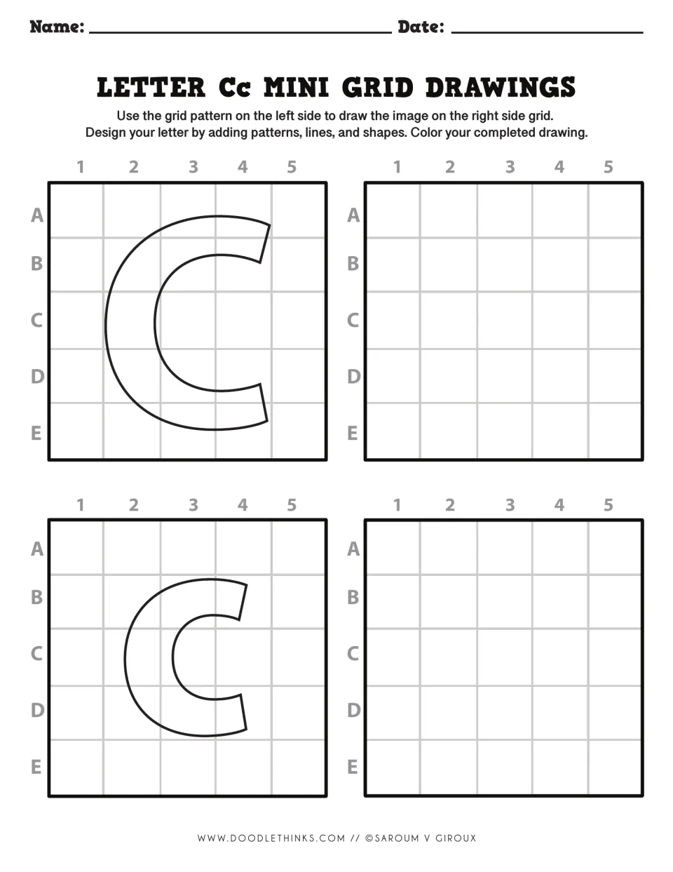 Letter Cc drawing: students copy the curved C and c shapes into empty squares, then decorate and color their letters