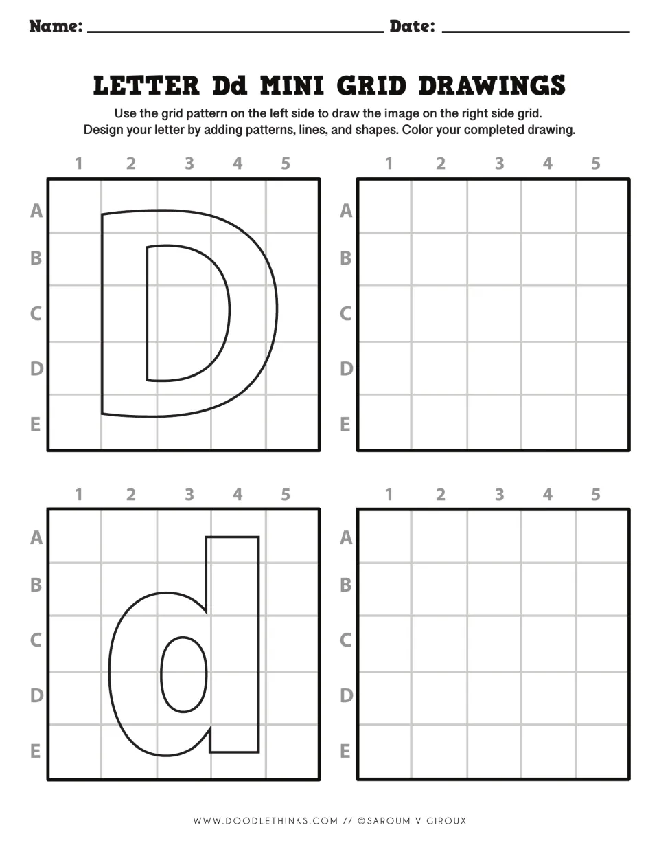 Letter Dd drawing: students match each square of the outlined D and d to recreate both letters, then design and color