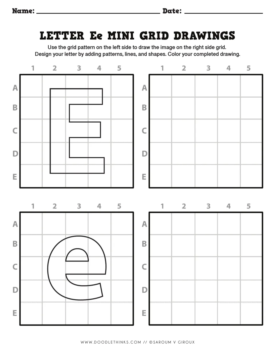 Letter Ee drawing: students copy the straight-edged E and rounded lowercase e by coordinates, then add patterns and color