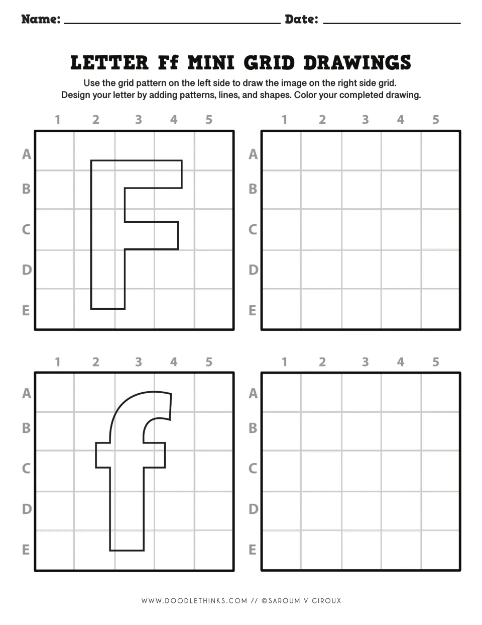 Letter Ff drawing: students copy the outlined F and f one square at a time, then fill their letters with shapes and color