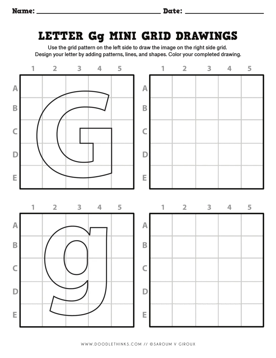 Letter Gg drawing: students recreate the outlined G and lowercase g with its descender, then decorate and color both