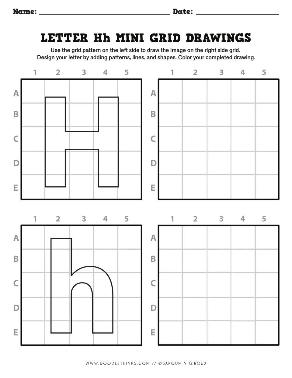 Letter Hh drawing: students copy the blocky H and lowercase h by matching rows A to E and columns 1 to 5, then color