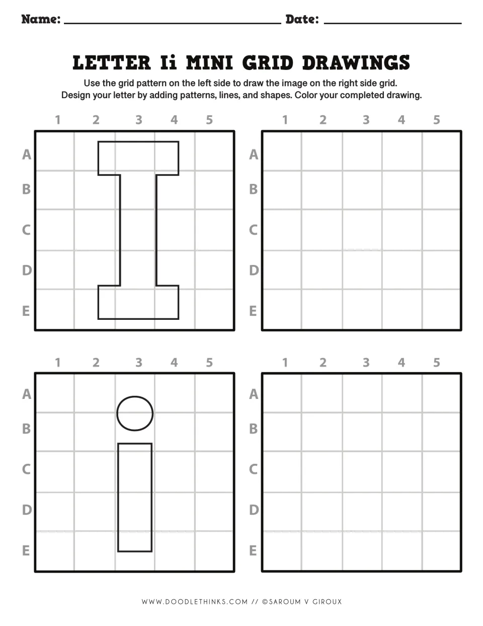 Letter Ii drawing: students copy the serif I and dotted lowercase i square by square, then add their own patterns