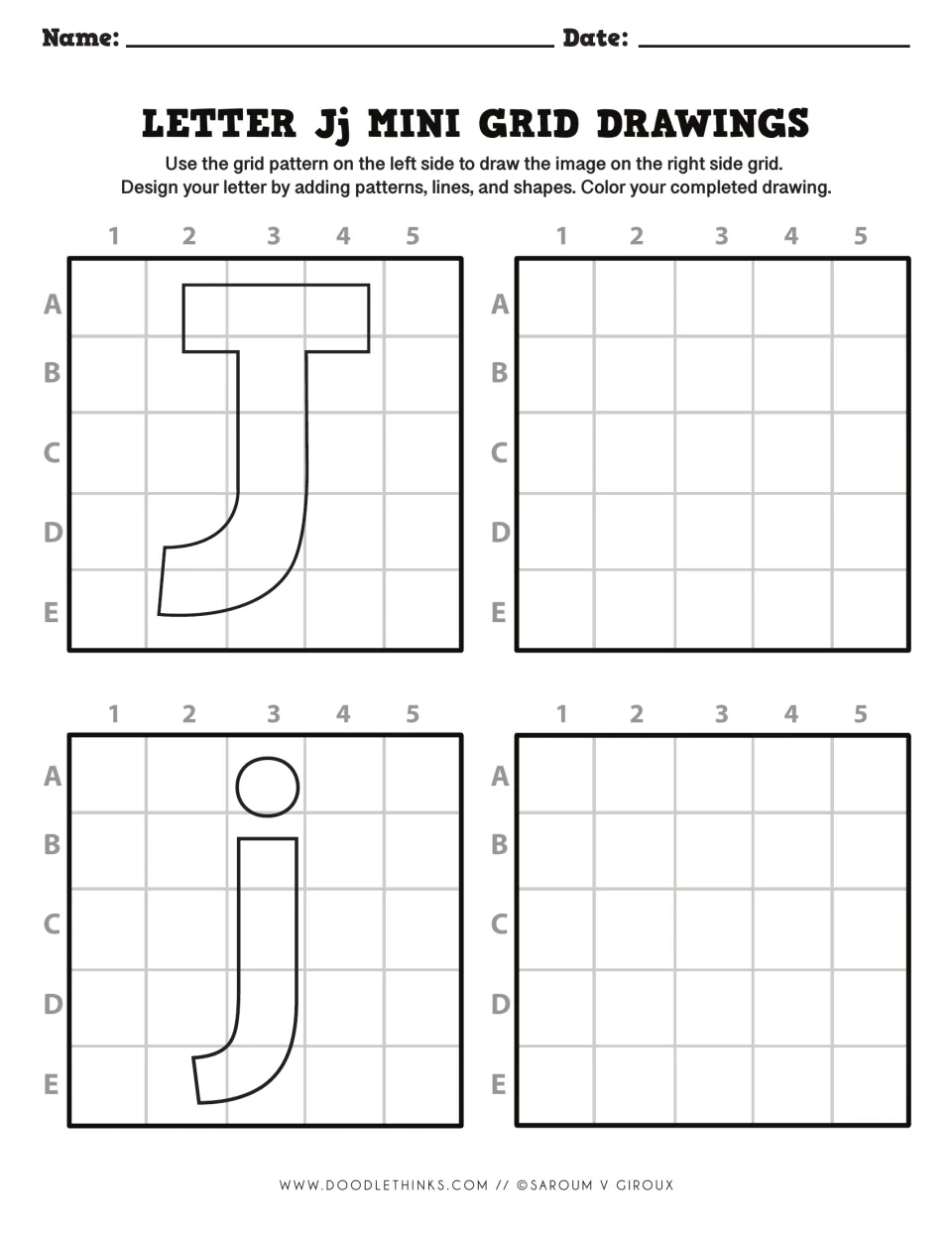 Letter Jj drawing: students reproduce the hooked J and dotted j in the empty squares, then design and color their letters