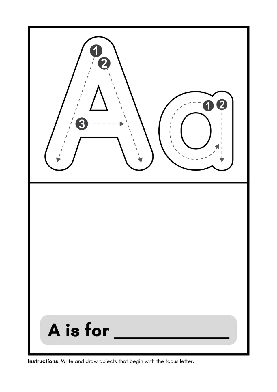 Alphabet minibook page for A: trace uppercase A and lowercase a, then write and draw for “A is for”.