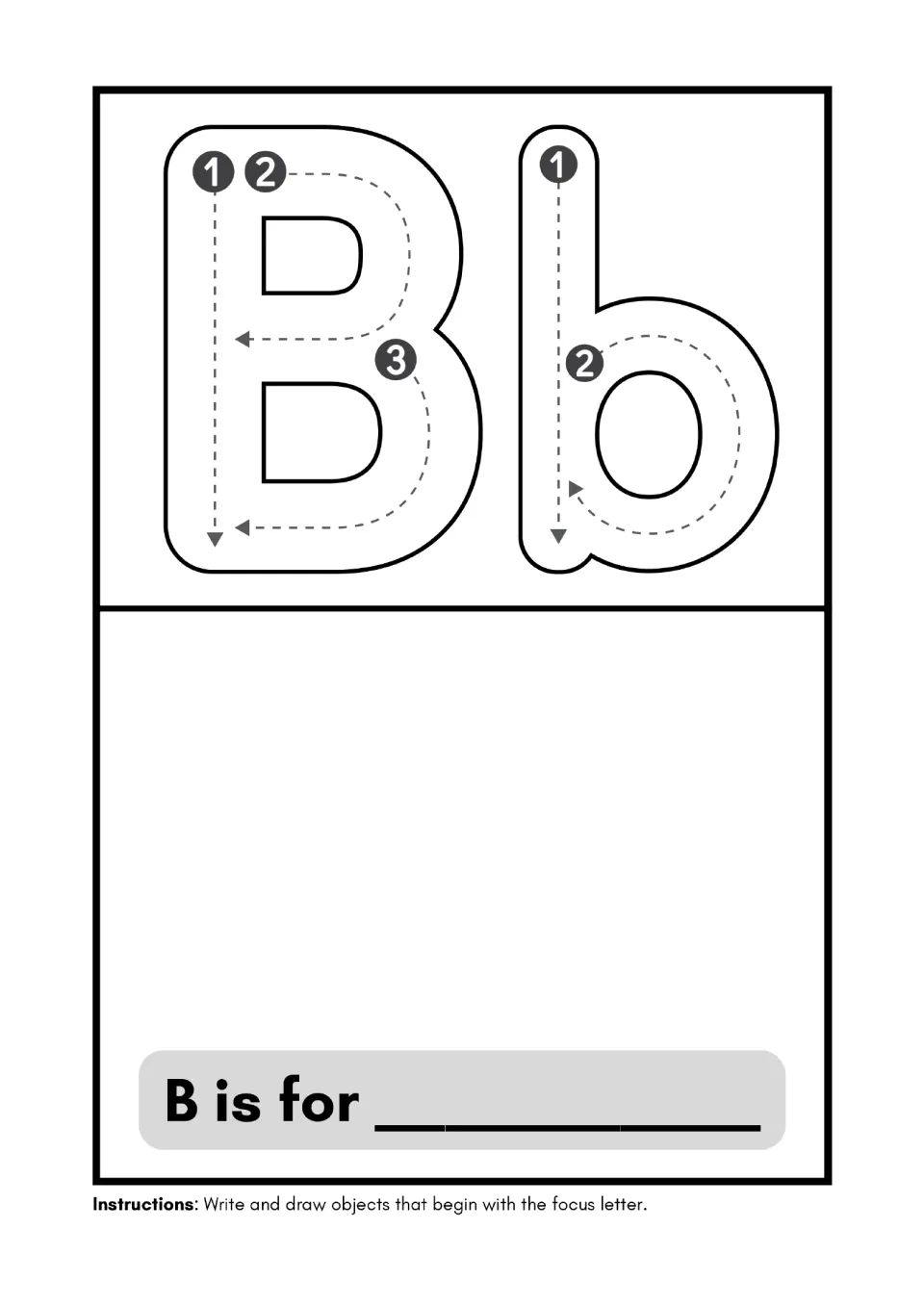 Alphabet minibook page for B: trace uppercase B and lowercase b, then write and draw for “B is for”.