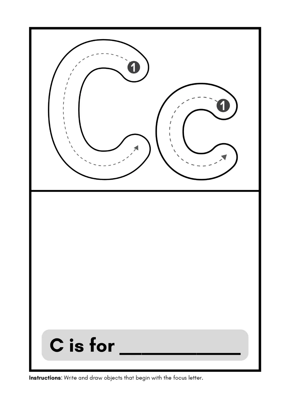 Alphabet minibook page for C: trace uppercase C and lowercase c, then write and draw for “C is for”.