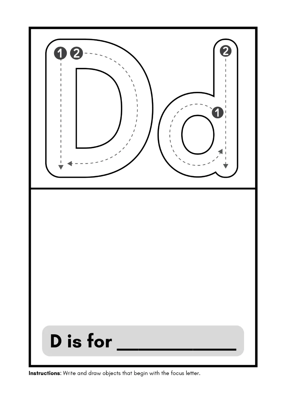 Alphabet minibook page for D: trace uppercase D and lowercase d, then write and draw for “D is for”.