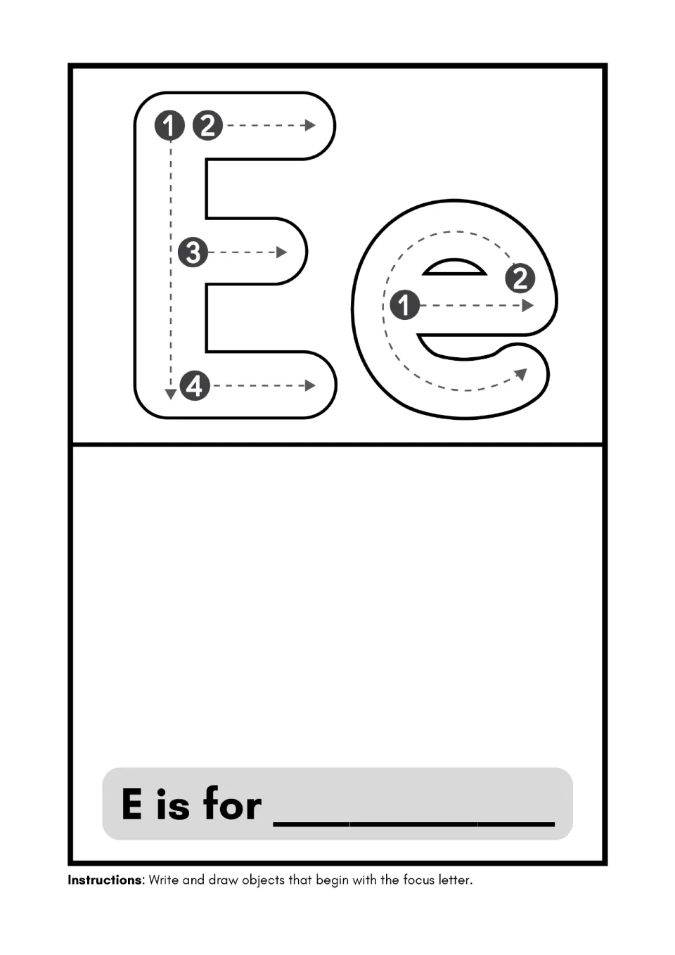 Alphabet minibook page for E: trace uppercase E and lowercase e, then write and draw for “E is for”.
